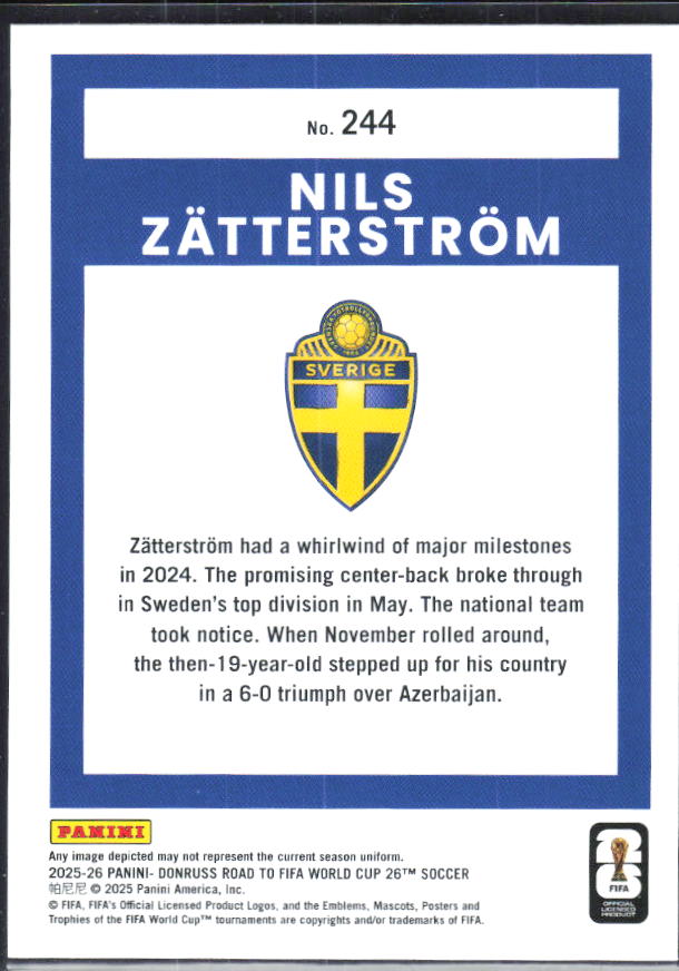 Nils Zätterström 2025-26 Donruss Road to FIFA World Cup Rated Rookie #244 – baksida