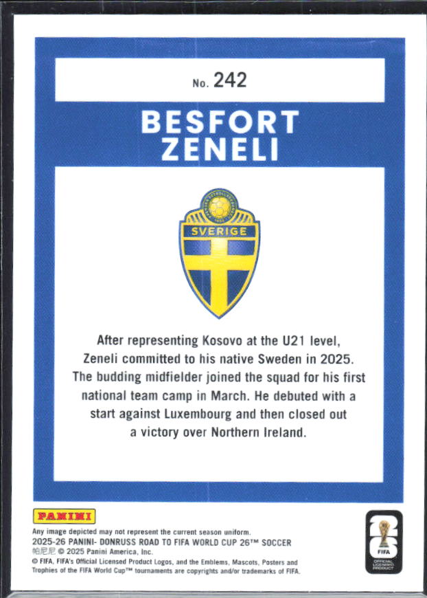 Besfort Zeneli 2025-26 Donruss Road to FIFA World Cup Optic Rated Rookie #242 – baksida
