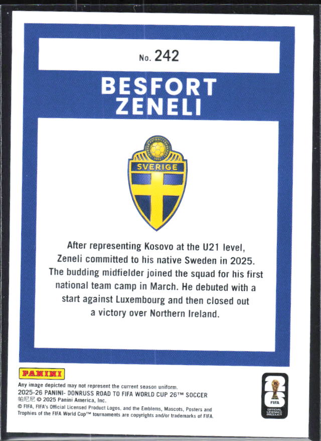 Besfort Zeneli 2025-26 Donruss Road to FIFA World Cup Rated Rookie #242 – baksida
