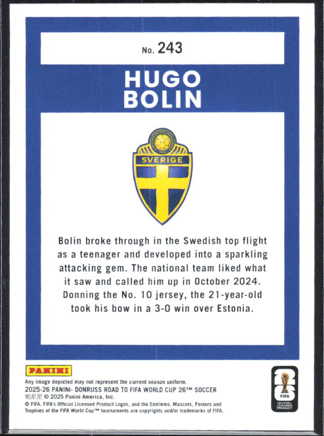 Hugo Bolin 2025-26 Donruss Road to FIFA World Cup Rated Rookie #243 – baksida
