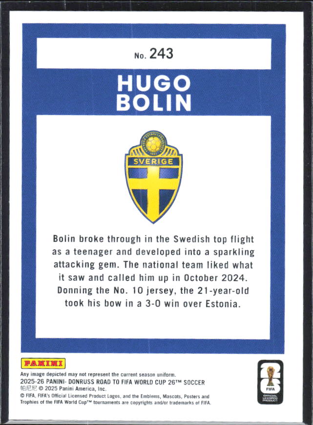 Hugo Bolin 2025-26 Donruss Road to FIFA World Cup Rated Rookie #243 – baksida