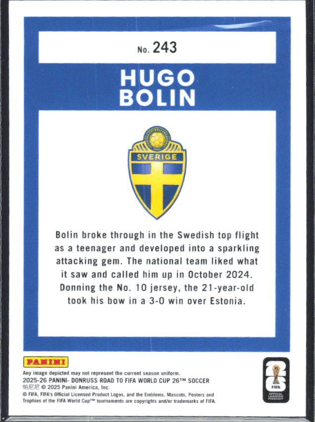 Hugo Bolin 2025-26 Donruss Road to FIFA World Cup Optic Rated Rookie #243 – baksida