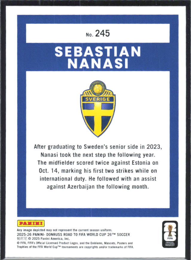 Sebastian Nanasi 2025-26 Donruss Road to FIFA World Cup Rated Rookie #245 – baksida