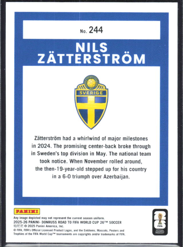 Nils Zätterström 2025-26 Donruss Road to FIFA World Cup Optic Rated Rookie #244 – baksida