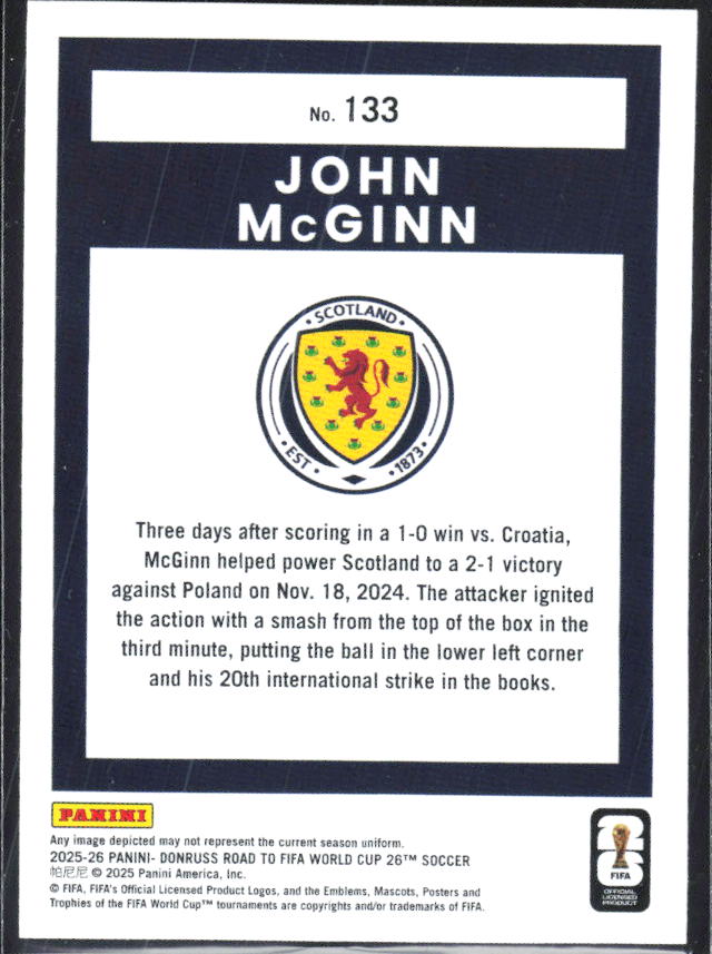 John McGinn 2025-26 Donruss Road to FIFA World Cup #133 – baksida