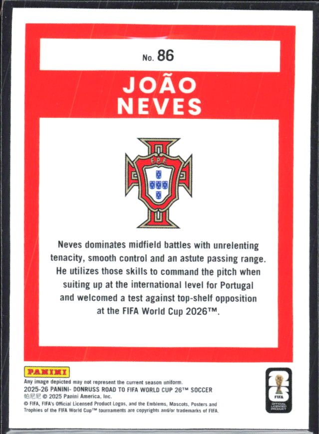 João Neves 2025-26 Donruss Road to FIFA World Cup Optic #86 – baksida