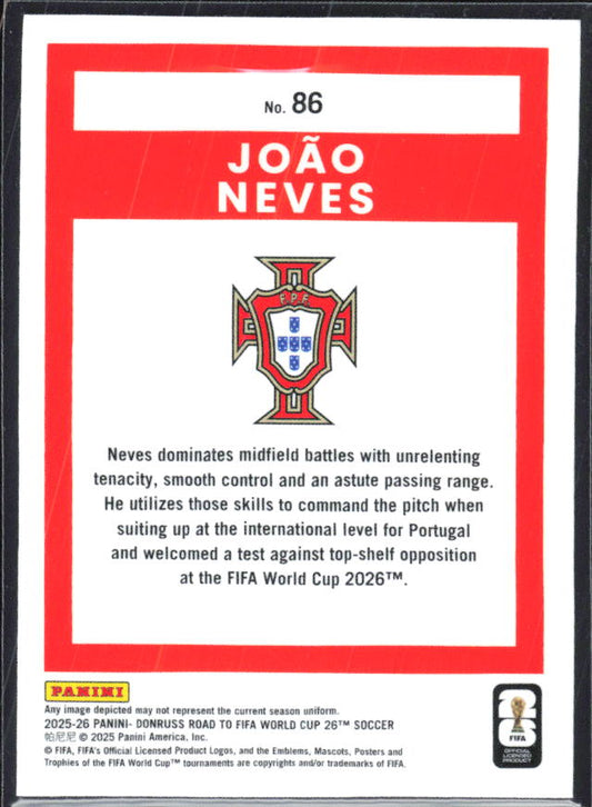 João Neves 2025-26 Donruss Road to FIFA World Cup Optic #86 – baksida
