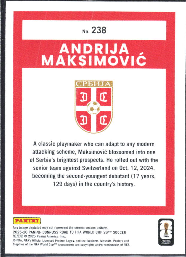 Andrija Maksimović 2025-26 Donruss Road to FIFA World Cup Rated Rookie #238 – baksida