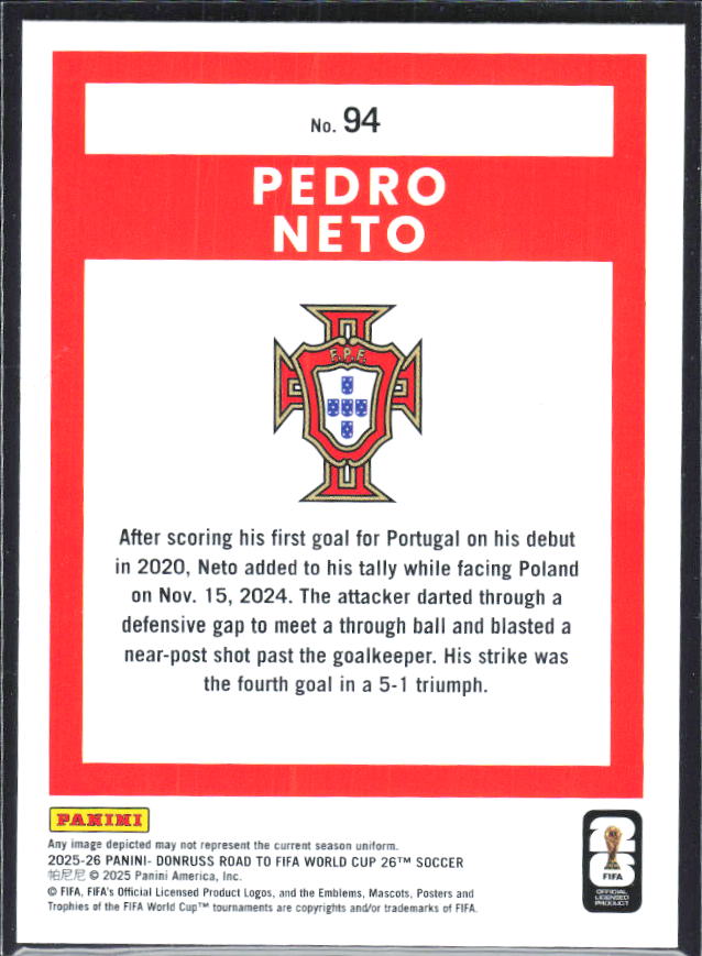 Pedro Neto 2025-26 Donruss Road to FIFA World Cup #94 – baksida