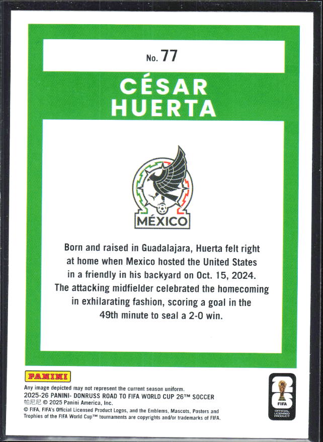 César Huerta 2025-26 Donruss Road to FIFA World Cup #77 – baksida