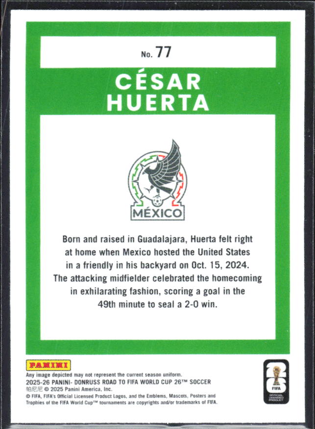 César Huerta 2025-26 Donruss Road to FIFA World Cup Optic #77 – baksida