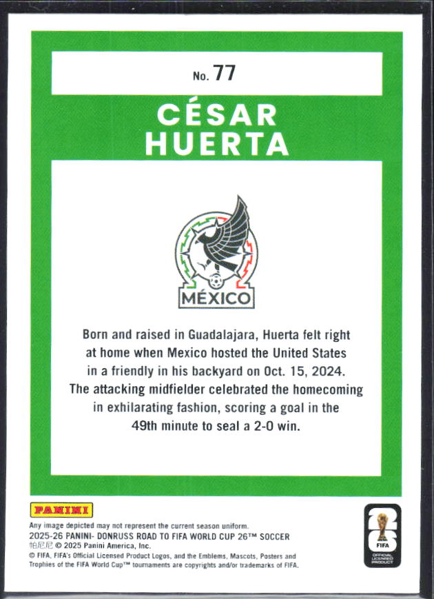César Huerta 2025-26 Donruss Road to FIFA World Cup #77 – baksida