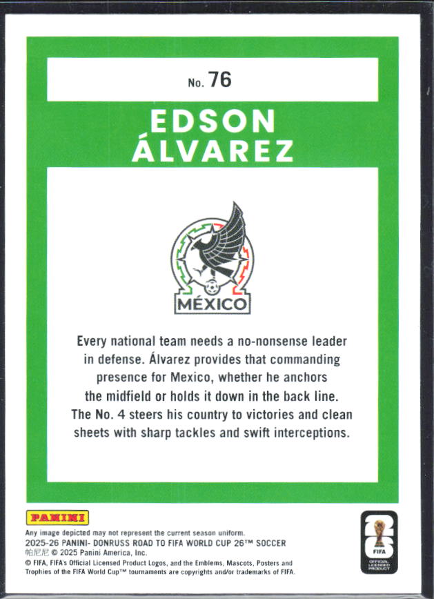 Edson Álvarez 2025-26 Donruss Road to FIFA World Cup #76 – baksida