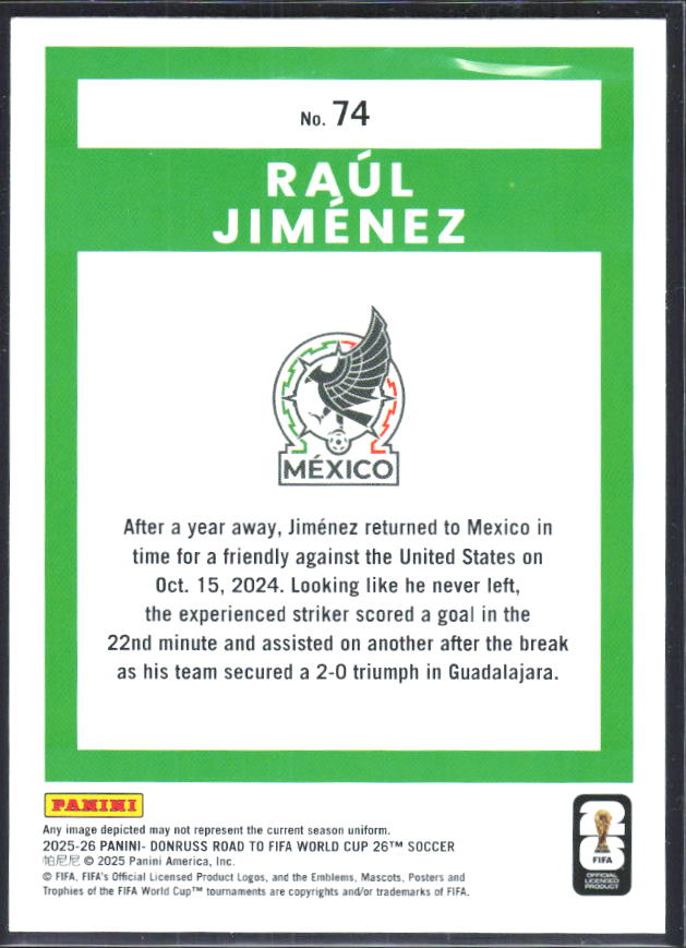 Raúl Jiménez 2025-26 Donruss Road to FIFA World Cup #74 – baksida