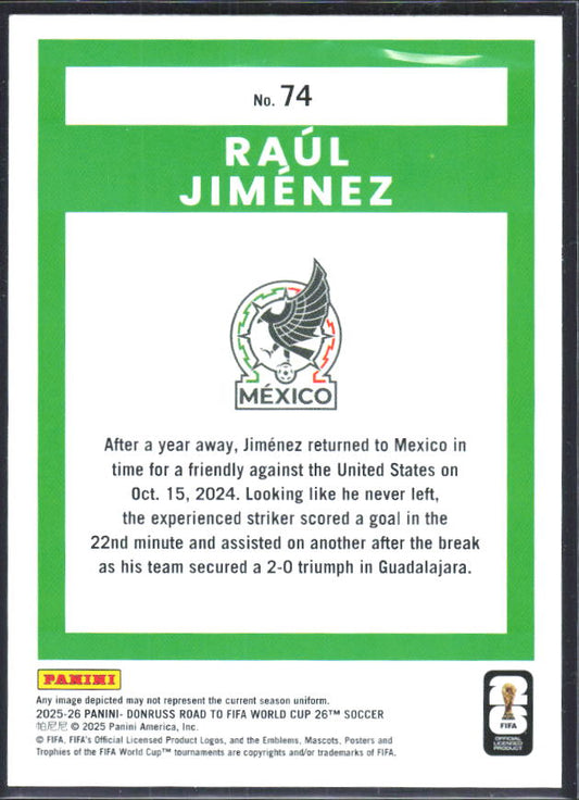 Raúl Jiménez 2025-26 Donruss Road to FIFA World Cup #74 – baksida