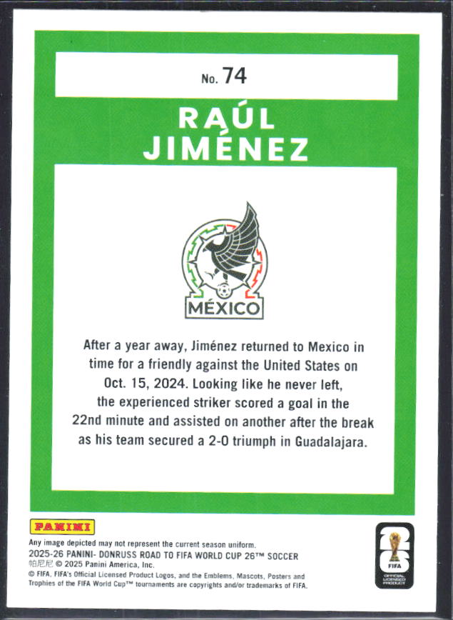 Raúl Jiménez 2025-26 Donruss Road to FIFA World Cup #74 – baksida