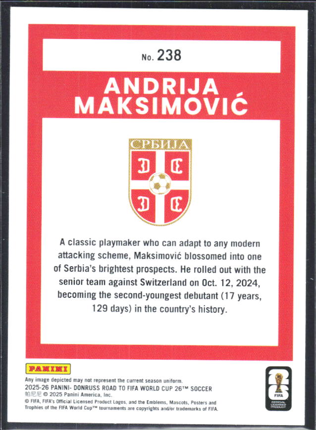 Andrija Maksimović 2025-26 Donruss Road to FIFA World Cup Rated Rookie #238 – baksida