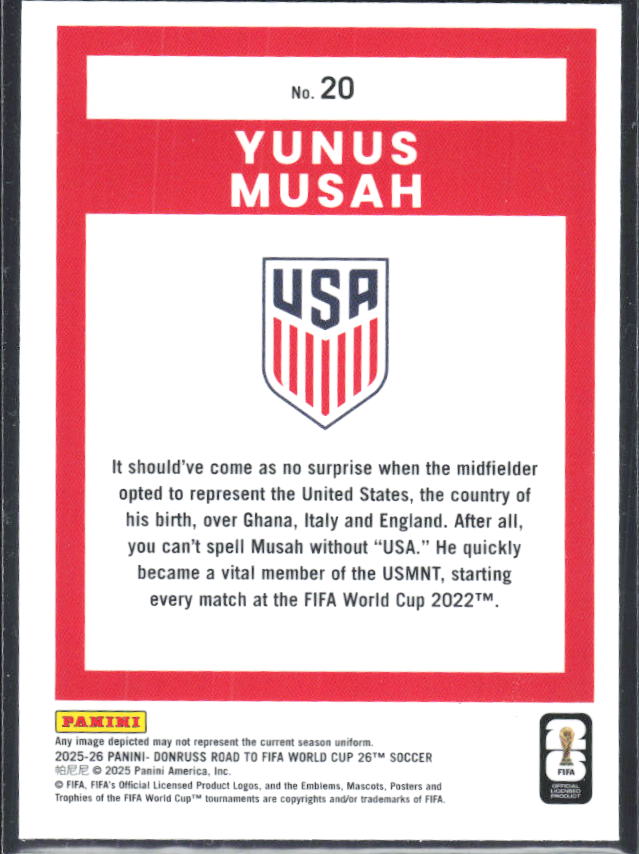 Yunus Musah 2025-26 Donruss Road to FIFA World Cup Optic #20 – baksida
