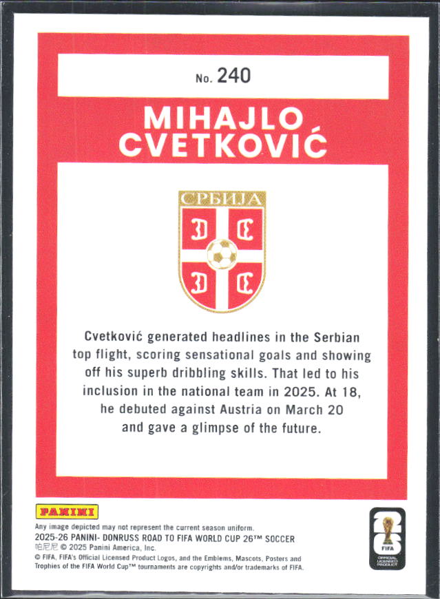 Mihajlo Cvetković 2025-26 Donruss Road to FIFA World Cup Rated Rookie #240 – baksida