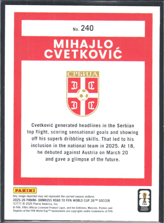 Mihajlo Cvetković 2025-26 Donruss Road to FIFA World Cup Rated Rookie #240 – baksida