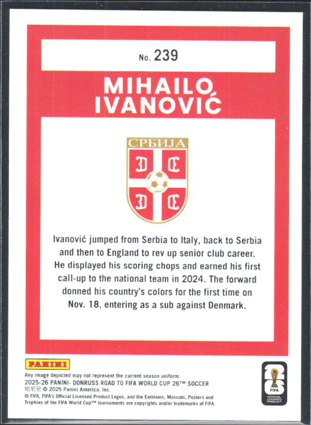 Mihailo Ivanović 2025-26 Donruss Road to FIFA World Cup Rated Rookie #239 – baksida