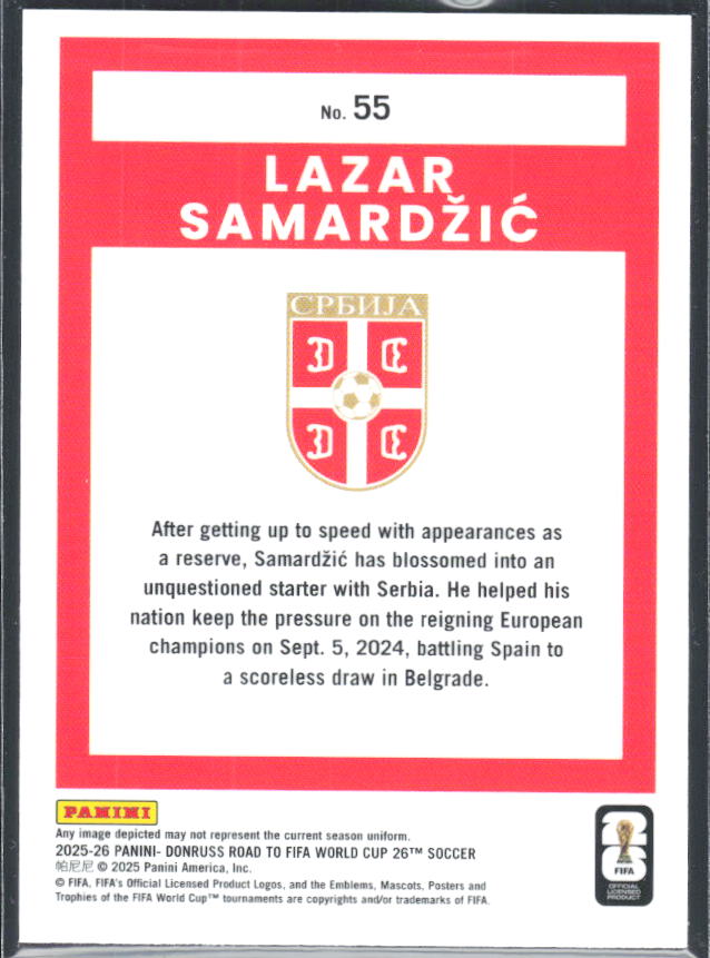 Lazar Samardžić 2025-26 Donruss Road to FIFA World Cup Optic #55 – baksida