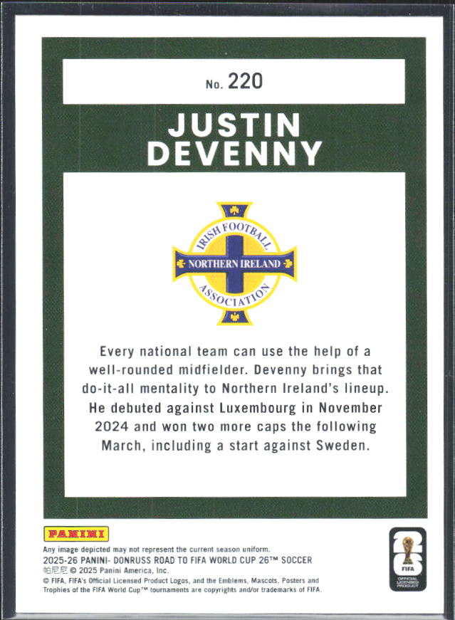 Justin Devenny 2025-26 Donruss Road to FIFA World Cup Rated Rookie #220 – baksida
