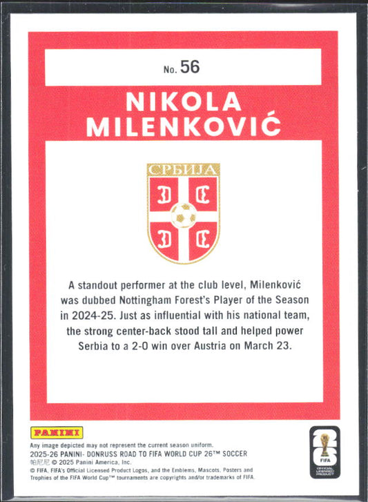 Nikola Milenković 2025-26 Donruss Road to FIFA World Cup #56 – baksida