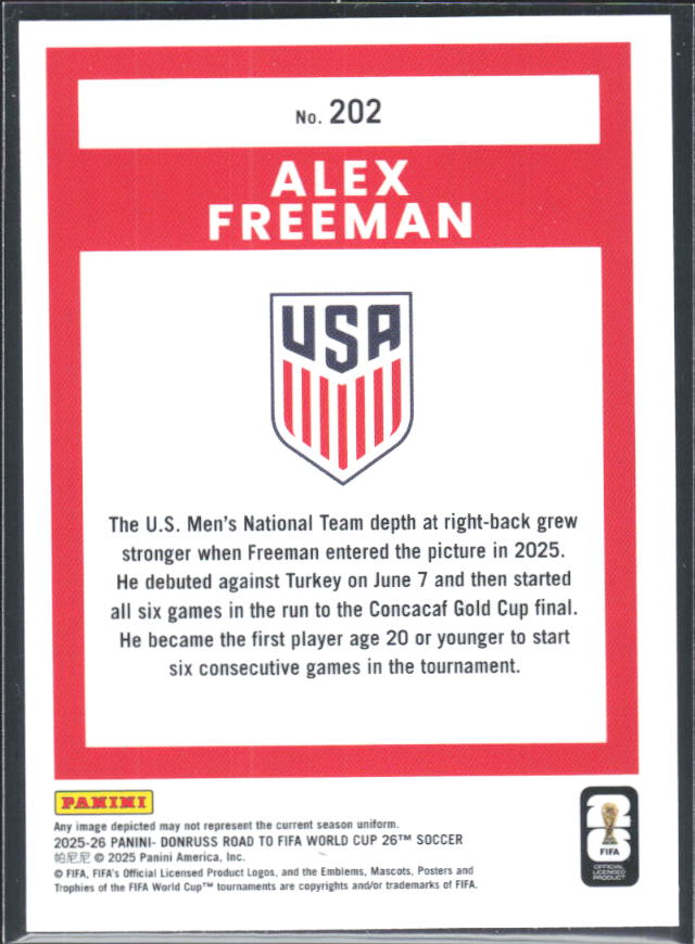 Alex Freeman 2025-26 Donruss Road to FIFA World Cup Optic Rated Rookie #202 – baksida