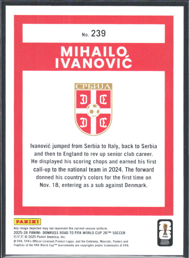 Mihailo Ivanović 2025-26 Donruss Road to FIFA World Cup Rated Rookie #239 – baksida