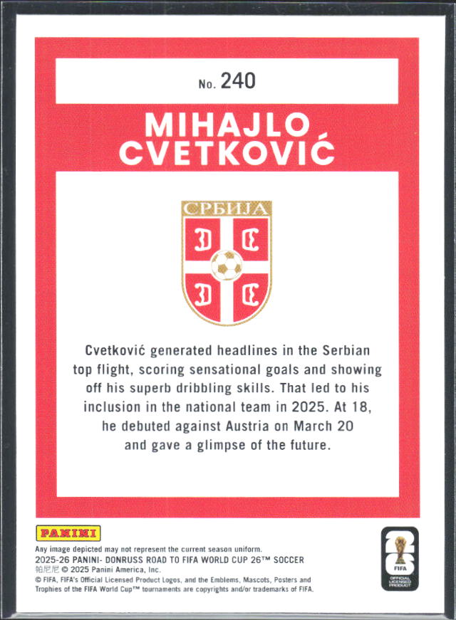 Mihajlo Cvetković 2025-26 Donruss Road to FIFA World Cup Rated Rookie #240 – baksida