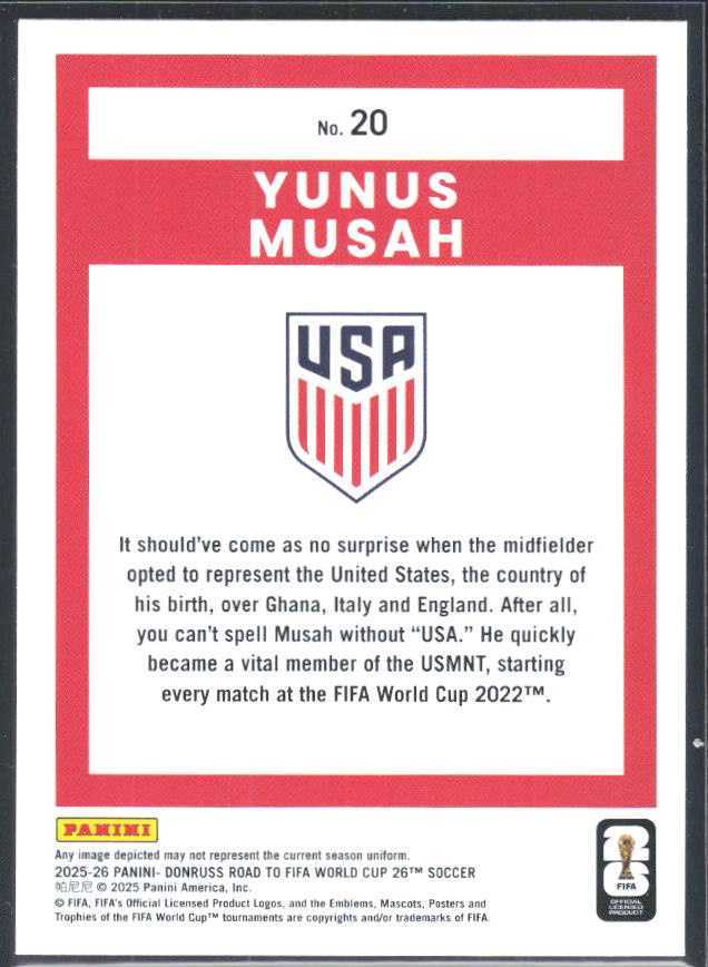 Yunus Musah 2025-26 Donruss Road to FIFA World Cup #20 – baksida