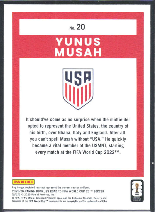 Yunus Musah 2025-26 Donruss Road to FIFA World Cup #20 – baksida