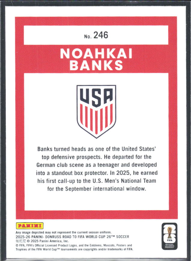 Noahkai Banks 2025-26 Donruss Road to FIFA World Cup Rated Rookie #246 – baksida