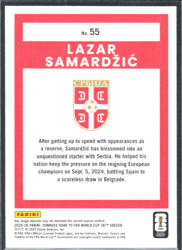 Lazar Samardžić 2025-26 Donruss Road to FIFA World Cup #55 – baksida