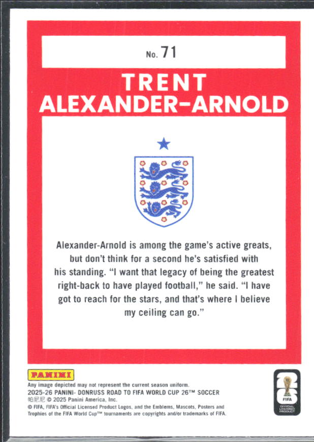 Trent Alexander-Arnold 2025-26 Donruss Road to FIFA World Cup Optic #71 – baksida