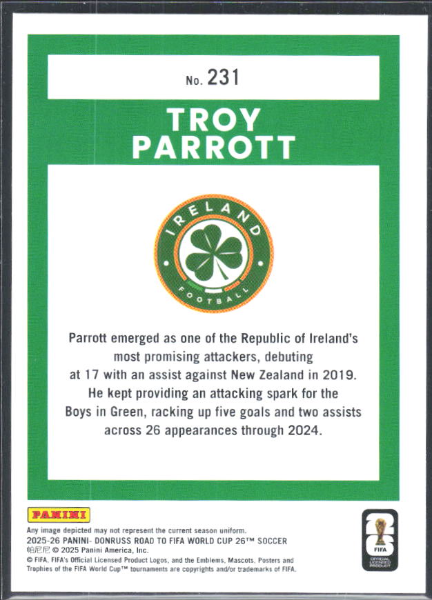 Troy Parrott 2025-26 Donruss Road to FIFA World Cup Rated Rookie #231 – baksida