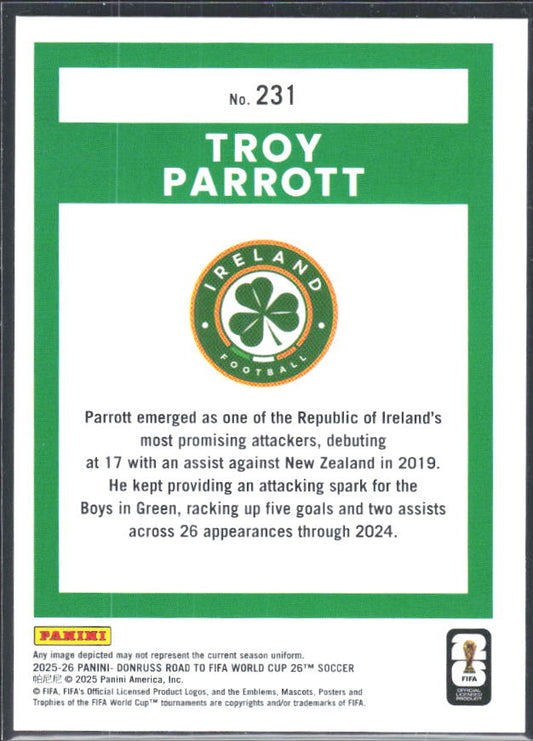 Troy Parrott 2025-26 Donruss Road to FIFA World Cup Rated Rookie #231 – baksida
