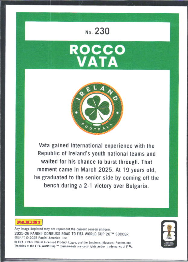 Rocco Vata 2025-26 Donruss Road to FIFA World Cup Rated Rookie #230 – baksida