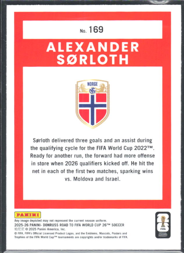 Alexander Sørloth 2025-26 Donruss Road to FIFA World Cup Optic #169 – baksida