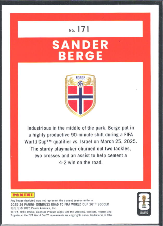 Sander Berge 2025-26 Donruss Road to FIFA World Cup #171 – baksida