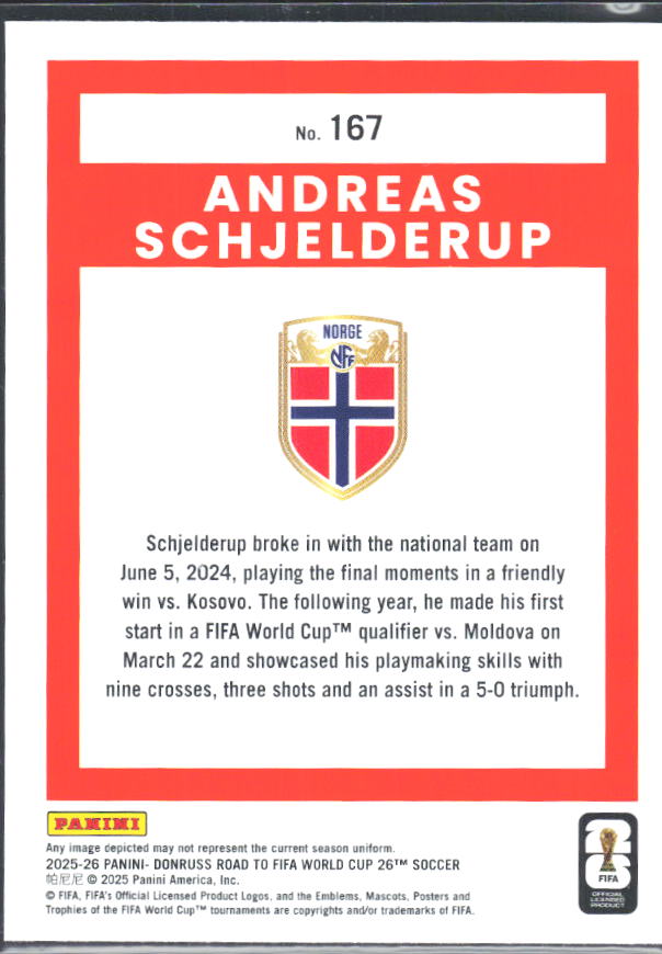 Andreas Schjelderup 2025-26 Donruss Road to FIFA World Cup #167 – baksida