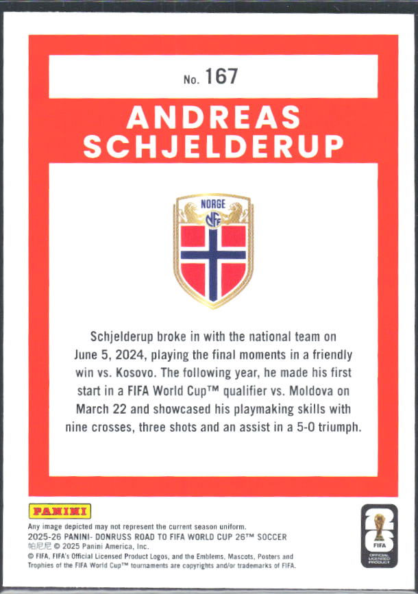 Andreas Schjelderup 2025-26 Donruss Road to FIFA World Cup #167 – baksida