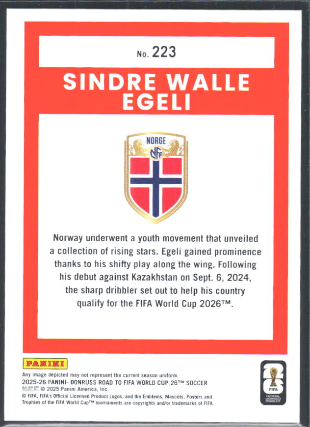 Sindre Walle Egeli 2025-26 Donruss Road to FIFA World Cup Rated Rookie #223 – baksida