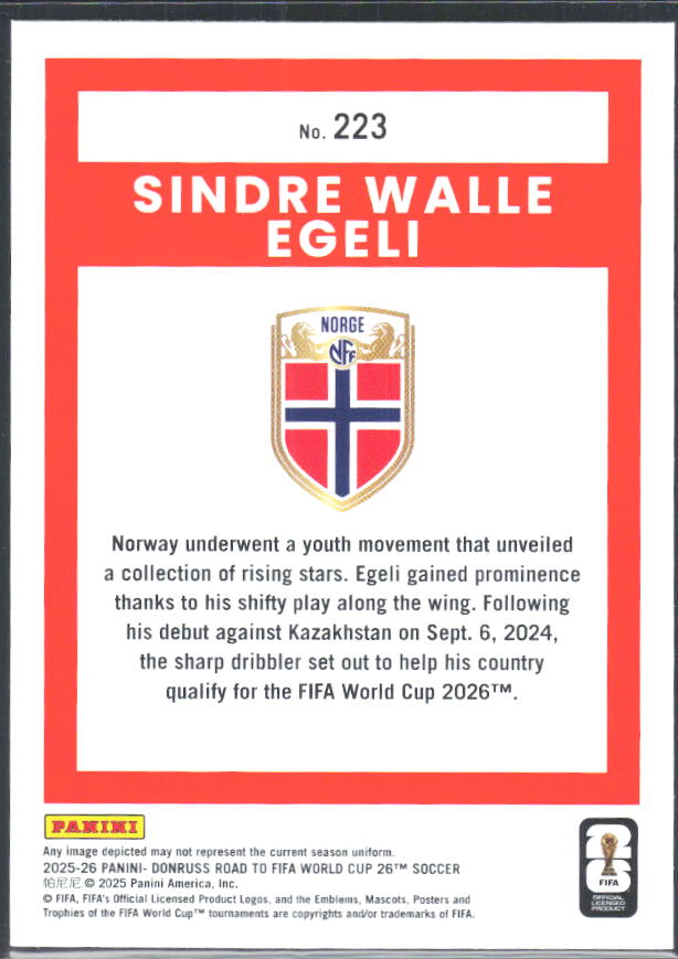 Sindre Walle Egeli 2025-26 Donruss Road to FIFA World Cup Rated Rookie #223 – baksida
