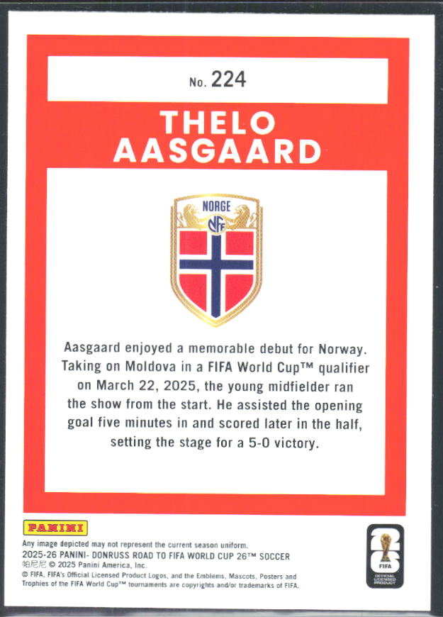 Thelo Aasgaard 2025-26 Donruss Road to FIFA World Cup Rated Rookie #224 – baksida