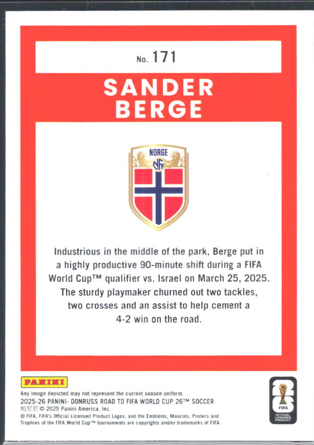 Sander Berge 2025-26 Donruss Road to FIFA World Cup #171 – baksida