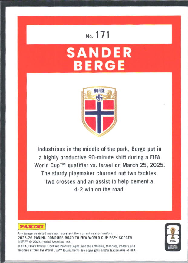 Sander Berge 2025-26 Donruss Road to FIFA World Cup #171 – baksida
