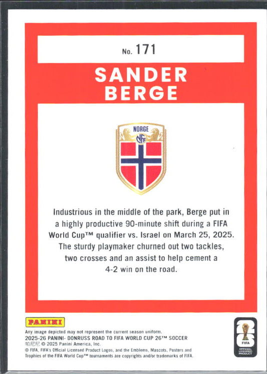 Sander Berge 2025-26 Donruss Road to FIFA World Cup #171 – baksida