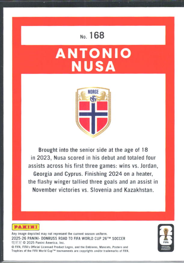 Antonio Nusa 2025-26 Donruss Road to FIFA World Cup #168 – baksida